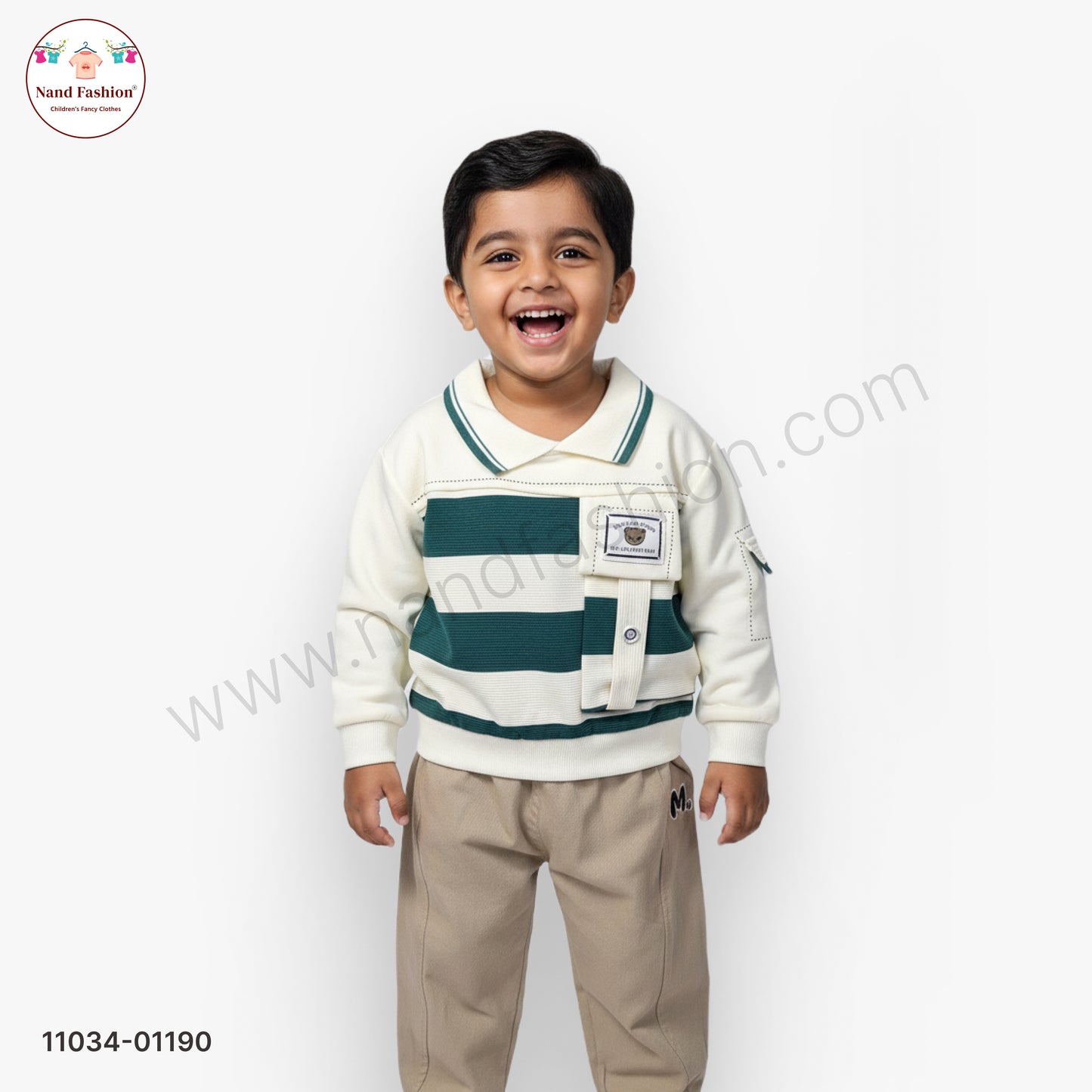 Boys Stylish Winter Pair Set – Green Stripe Collar Sweatshirt with Beige Pants Party Wear Set