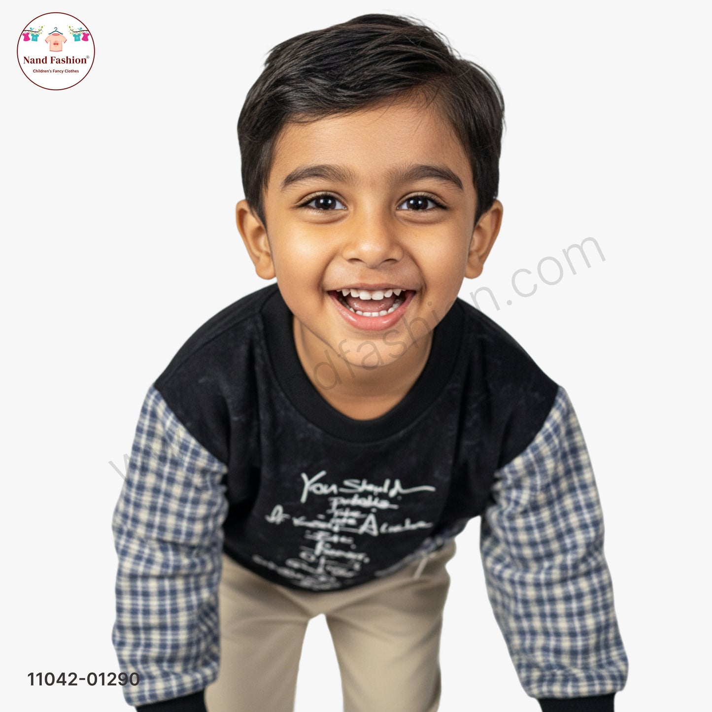 Boys Black Sweatshirt with Checkered Sleeves & Beige Pants Party Wear Set