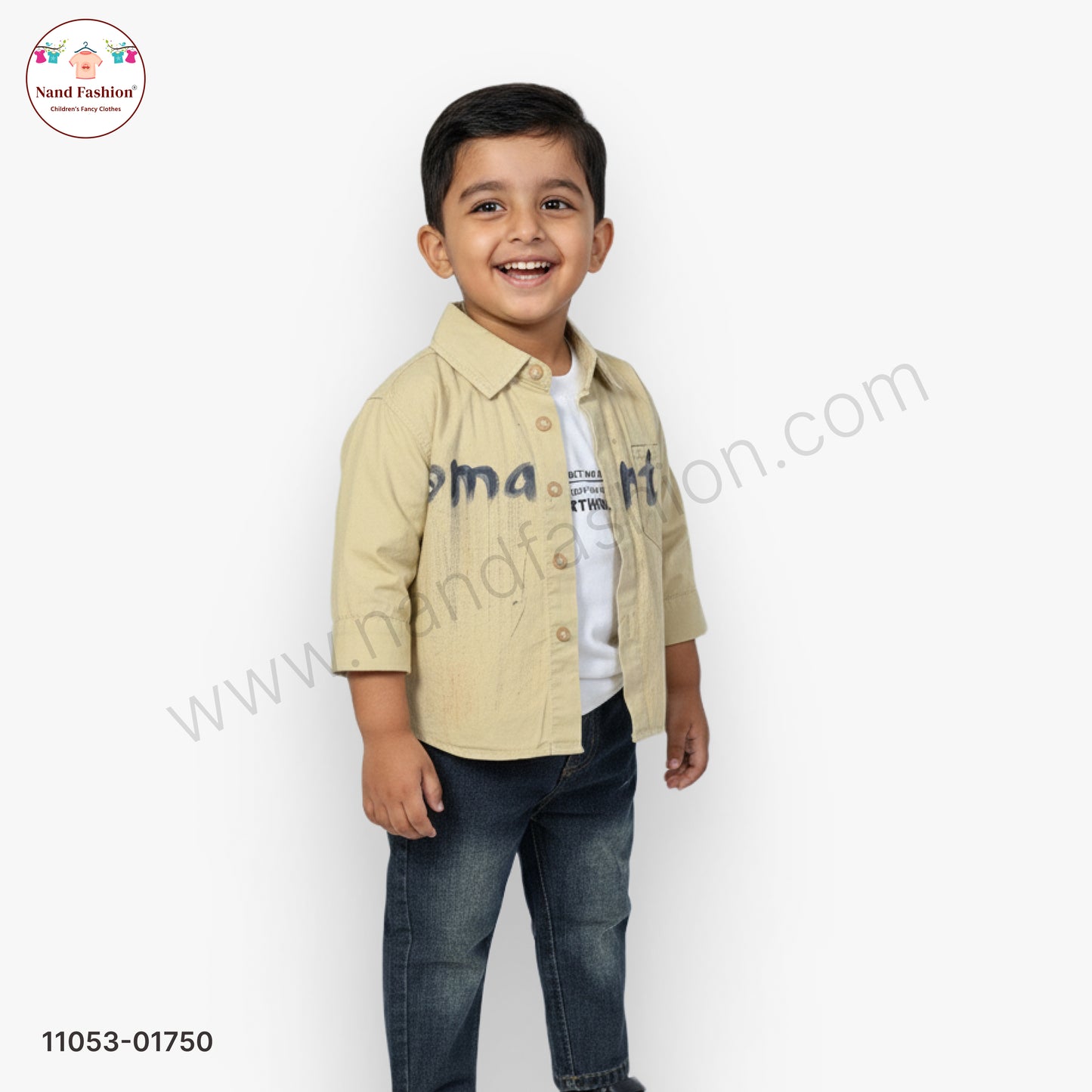 Boys Printed Beige Shirt with White T-Shirt & Blue Denim Jeans Party Wear Set