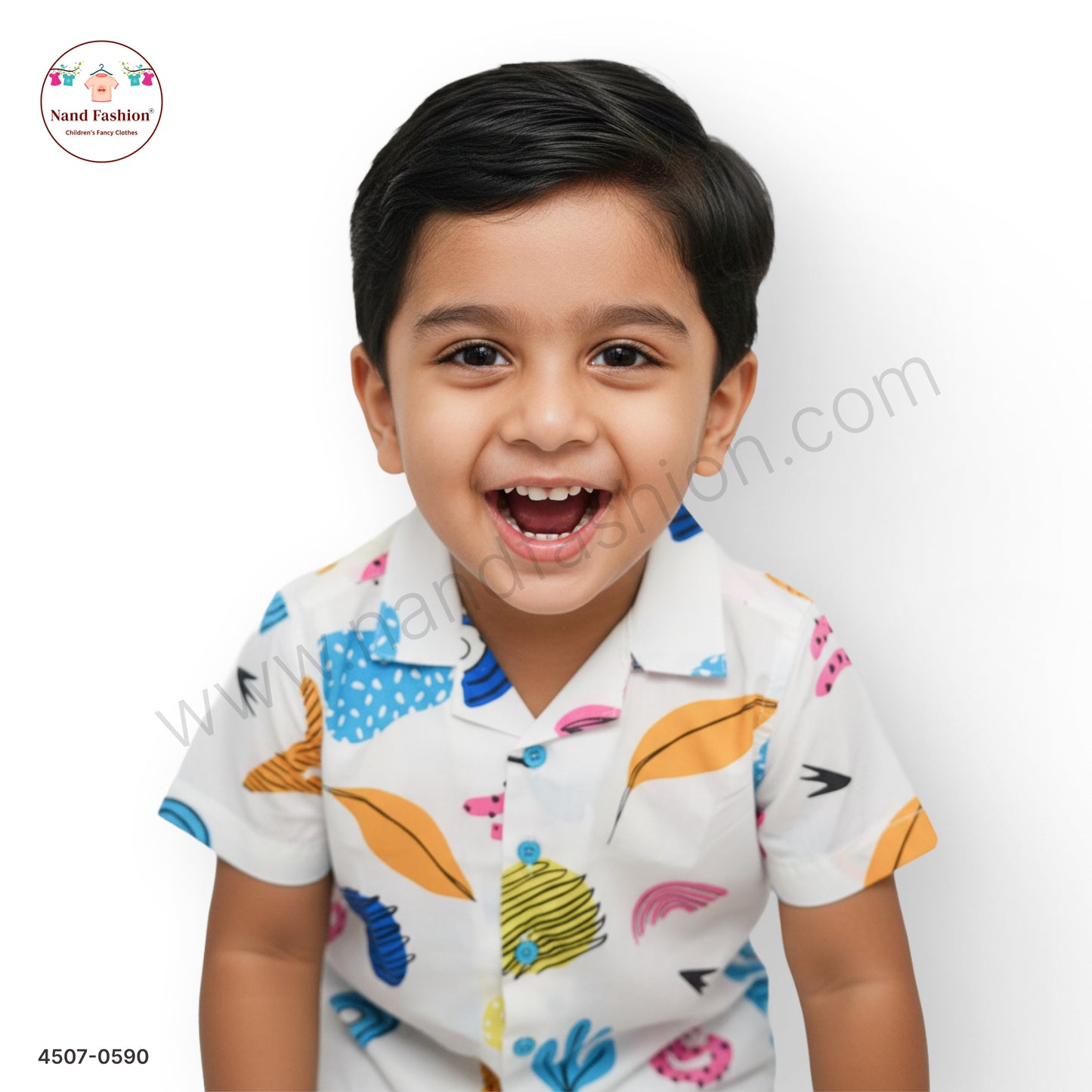 Boys White Multicolor Abstract Print Cotton Shirt – Half Sleeve Casual Wear