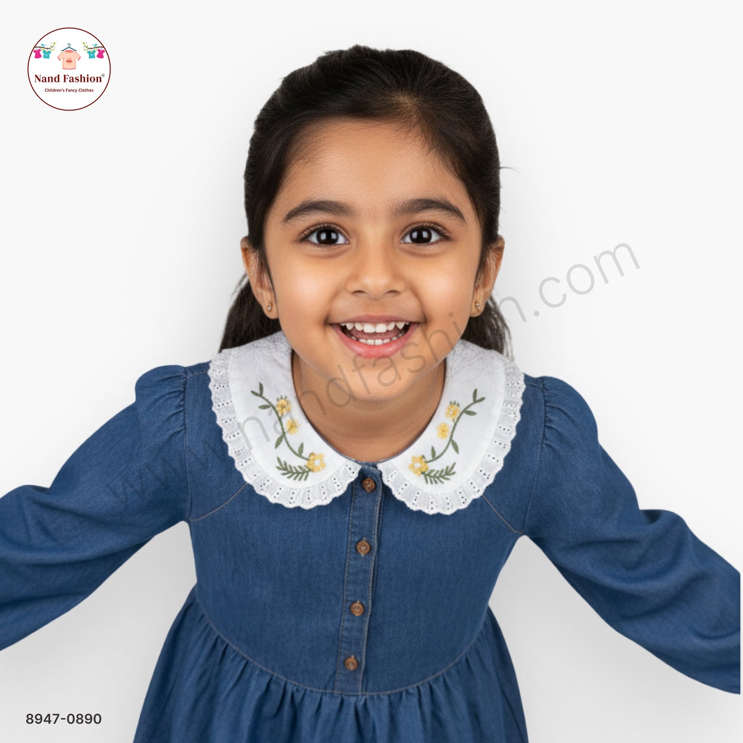 Girls Blue Denim Full Sleeve Frock with Embroidered Collar | Kids Casual & Party Wear Dress