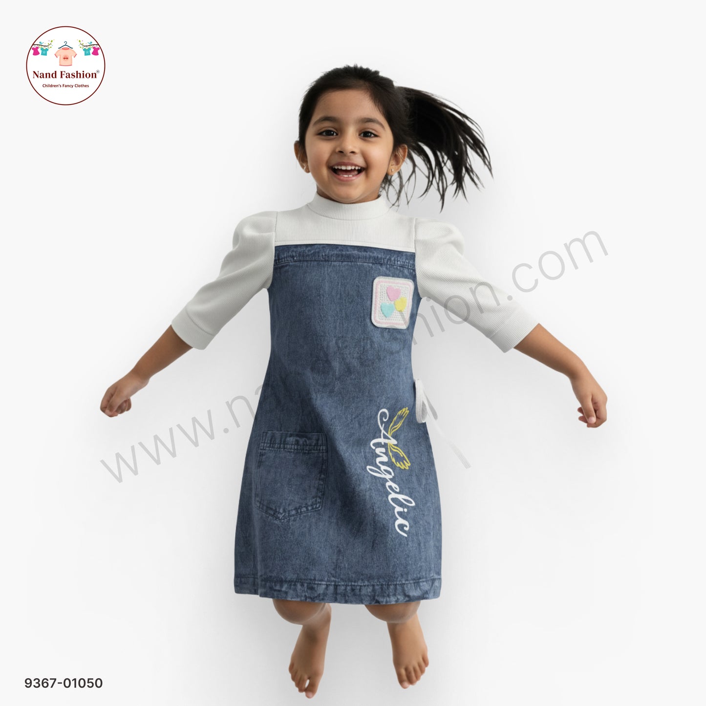 Girls Stylish Denim Frock with Full Sleeves Inner | Kids Casual Denim Dress