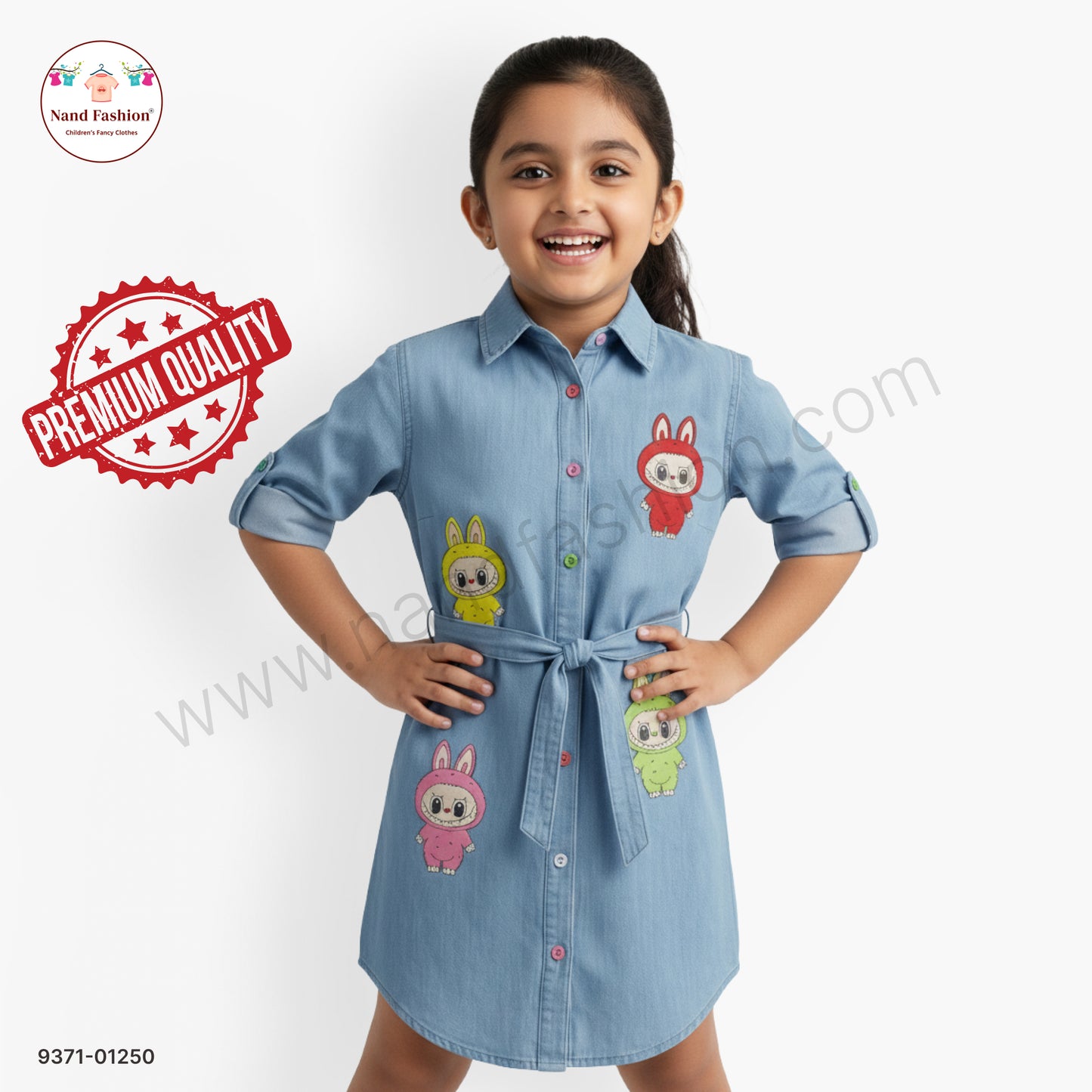 Girls Cute Cartoon Printed Denim Shirt Frock with Belt | Kids Stylish Denim Dress