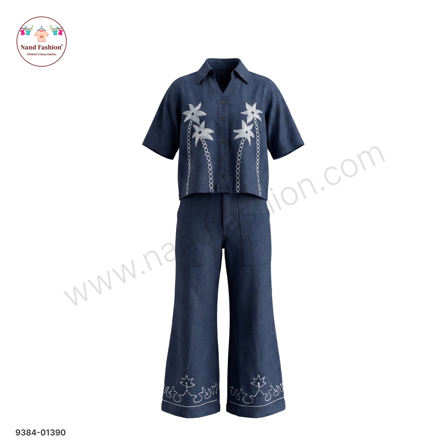 Girls Embroidered Denim Co-Ord Set – Stylish Shirt & Pants Outfit