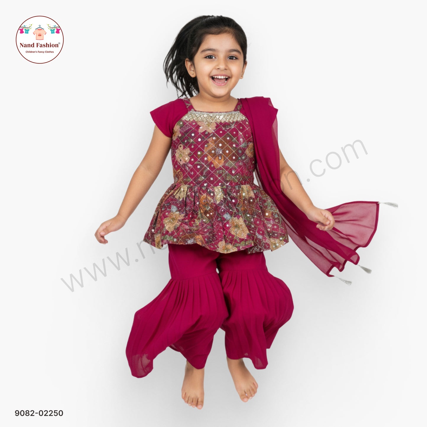 Wine Pink Embellished Girls Garara Pair with Dupatta – Festive & Wedding Wear