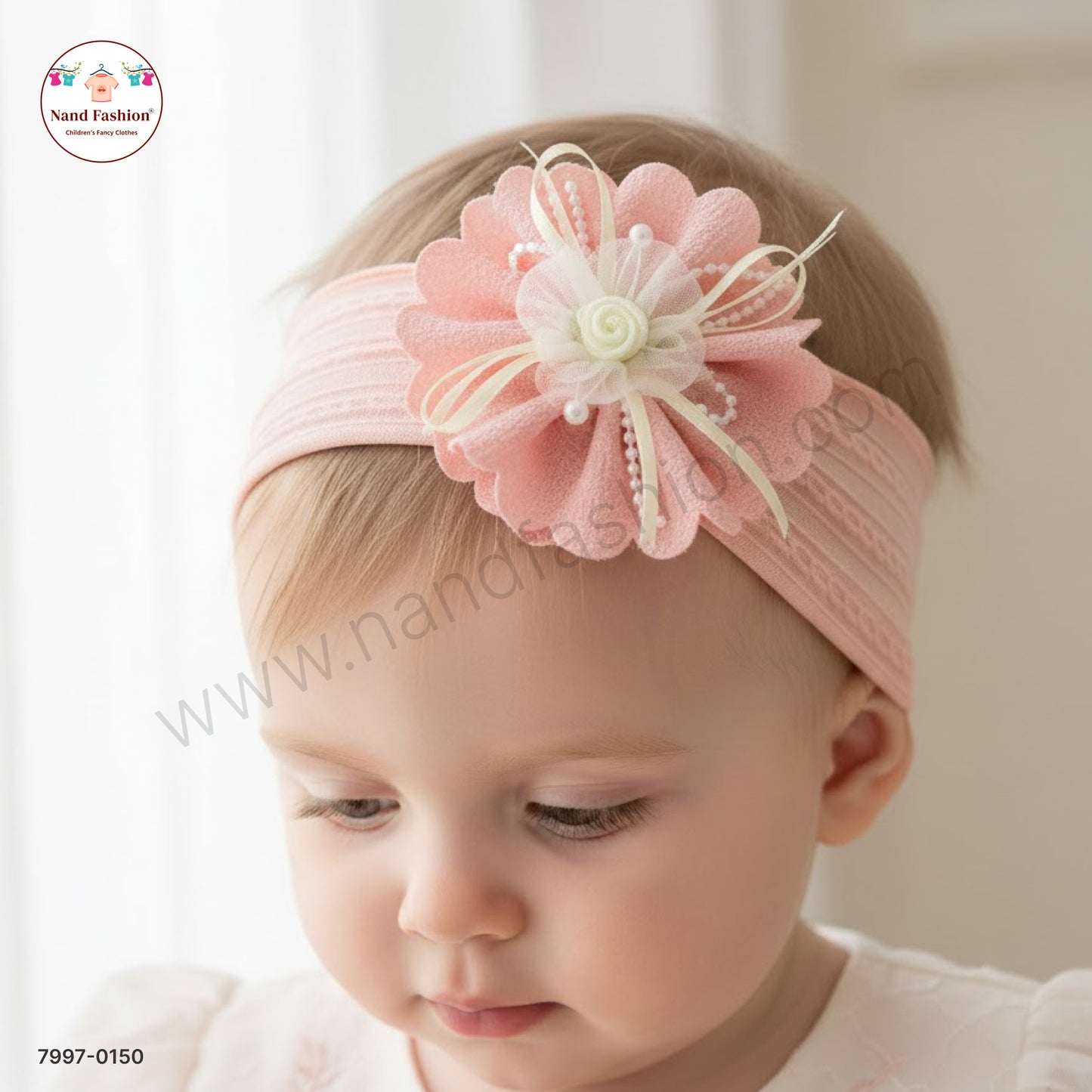 Baby Girl Peach Floral Nylon Headband – Soft Stretch Hair Band
