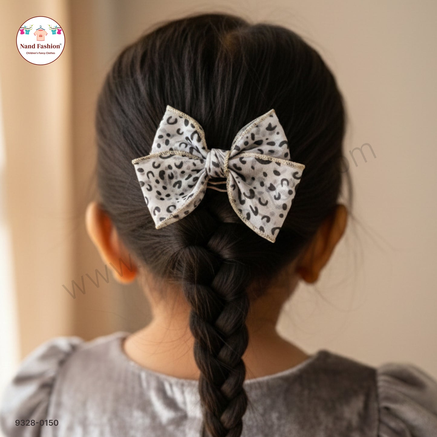 Grey Leopard Print Designer Bow Hair Pin for Baby Girls