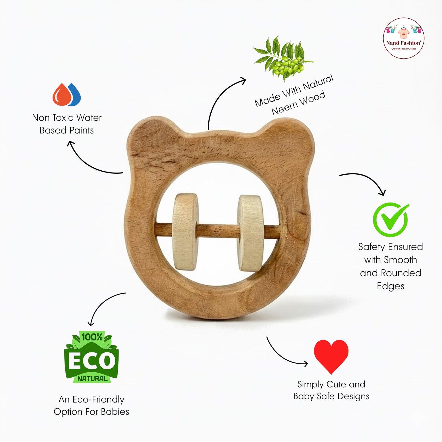 Neem Wood Baby Toys | Organic & Eco-Friendly Wooden Toys | Teethers, Rattle & Push Toys | Safe for Newborns & Toddlers