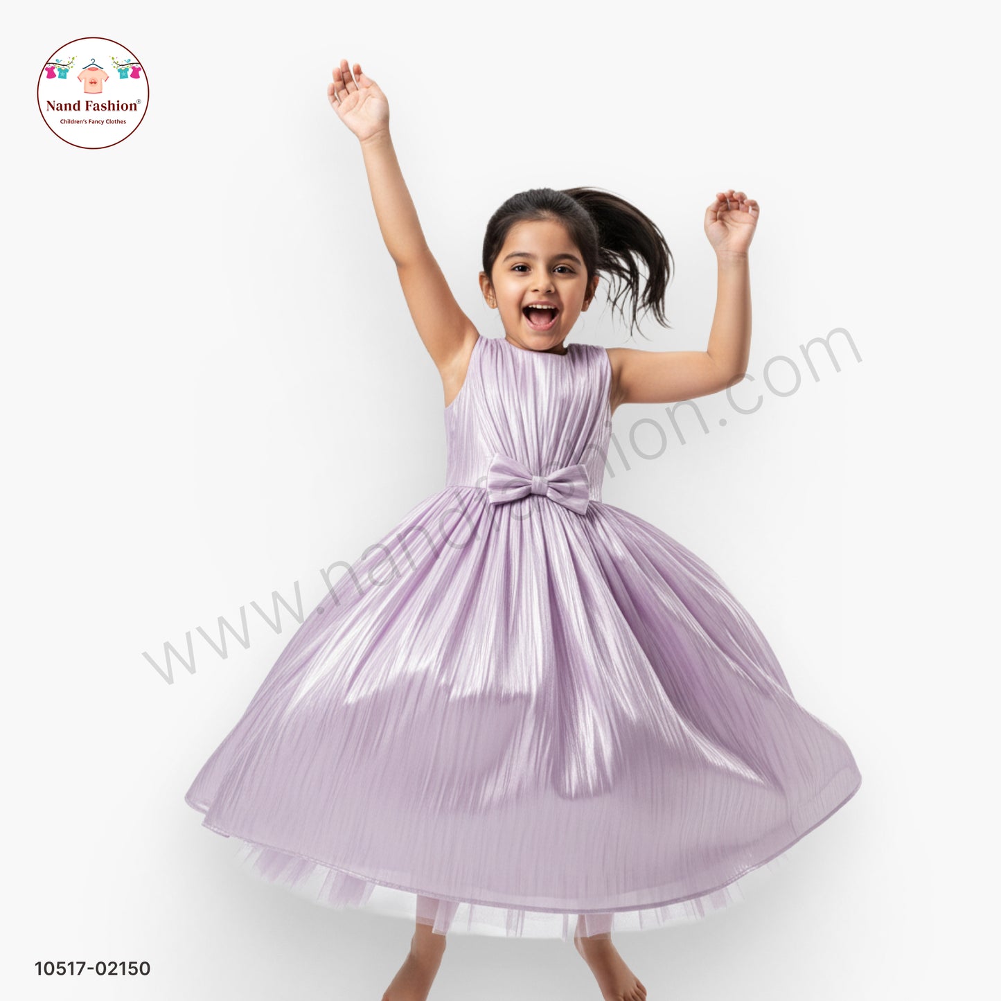 Girls Lavender Shimmer Party Wear Long Gown with Bow Waist – Elegant Princess Frock