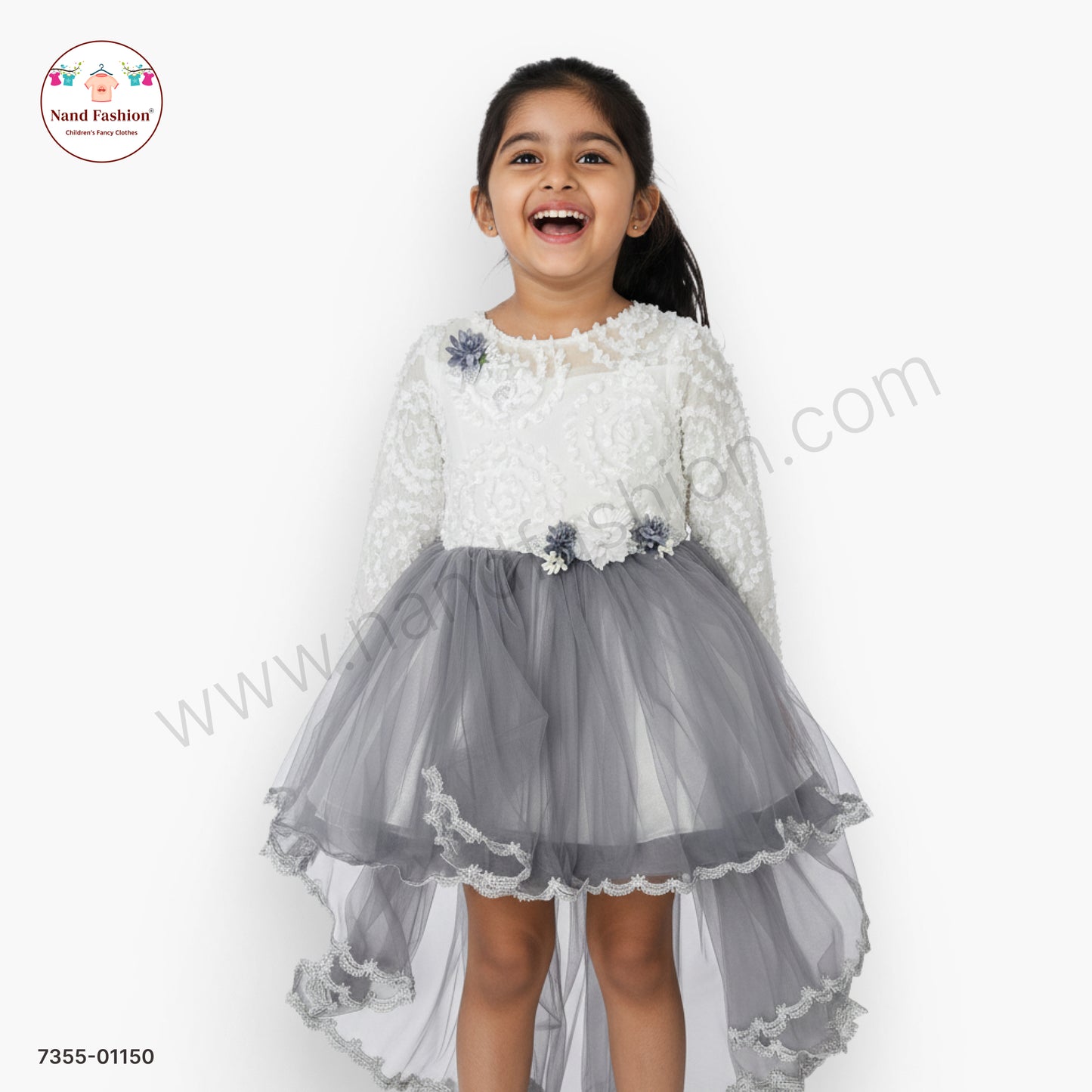 Girls White & Grey Net Party Wear Frock with Floral Appliqué & High-Low Hem