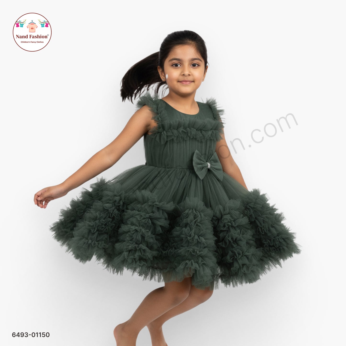 Girls Dark Green Layered Net Party Wear Frock with Bow Detail – Premium Occasion Dress