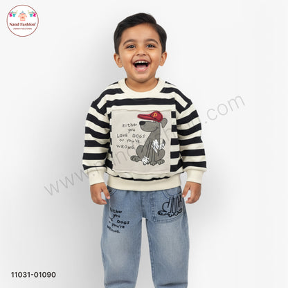Boys Stylish Casual Wear Set – Stripe Sweatshirt with Printed Denim Jeans Party Wear Set