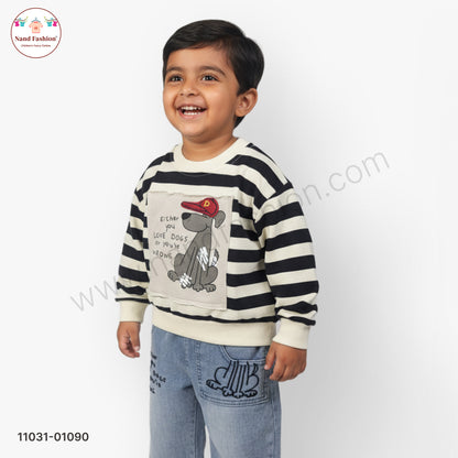 Boys Stylish Casual Wear Set – Stripe Sweatshirt with Printed Denim Jeans Party Wear Set