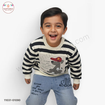 Boys Stylish Casual Wear Set – Stripe Sweatshirt with Printed Denim Jeans Party Wear Set