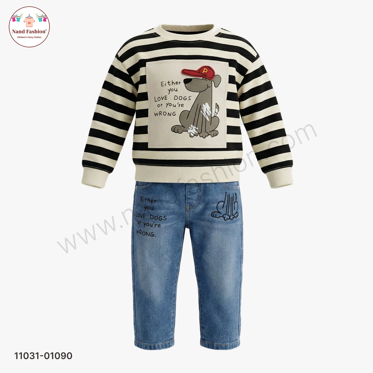Boys Stylish Casual Wear Set – Stripe Sweatshirt with Printed Denim Jeans Party Wear Set