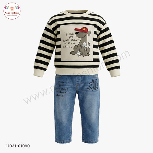 Boys Stylish Casual Wear Set – Stripe Sweatshirt with Printed Denim Jeans Party Wear Set