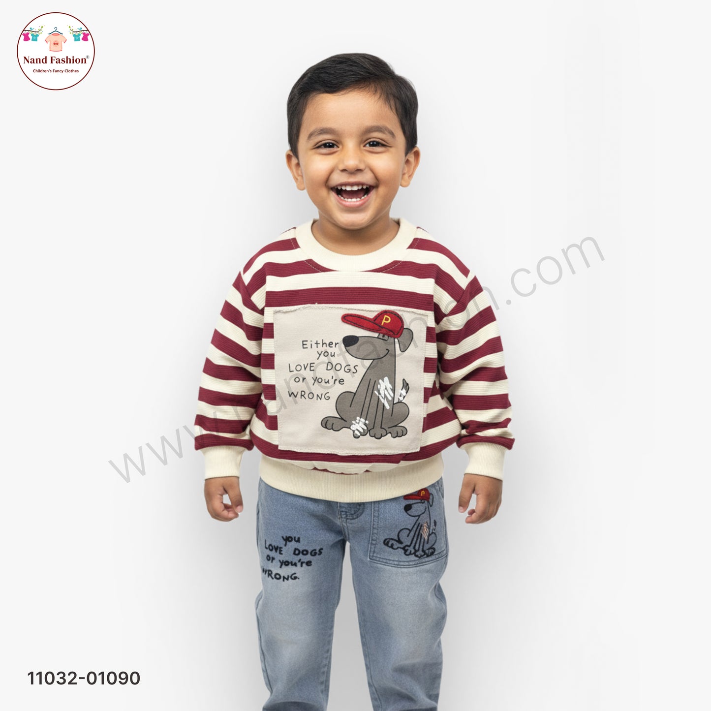 Boys Stylish Casual Wear Set – Maroon & Cream Striped Sweatshirt with Printed Denim Jeans Party Wear Set