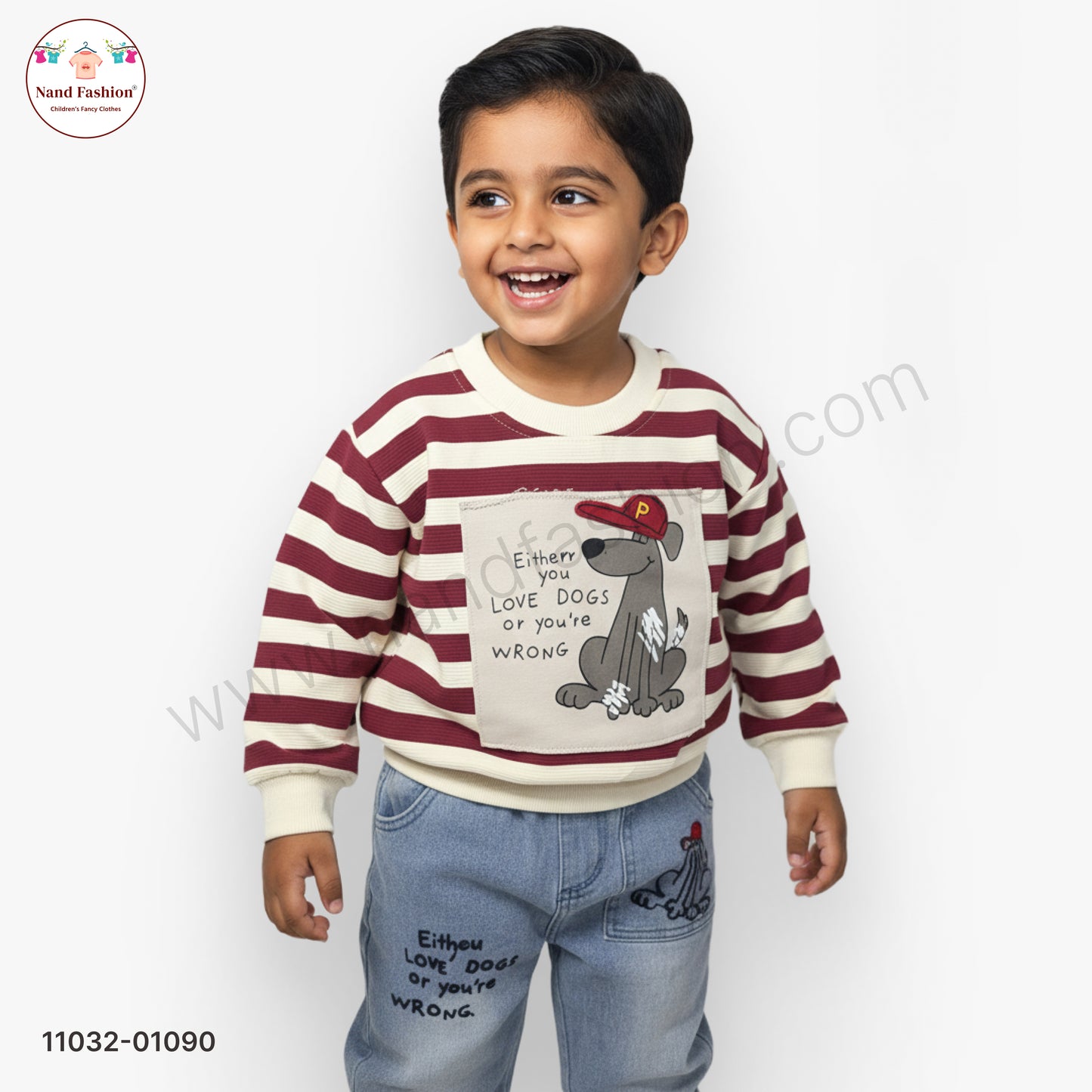 Boys Stylish Casual Wear Set – Maroon & Cream Striped Sweatshirt with Printed Denim Jeans Party Wear Set