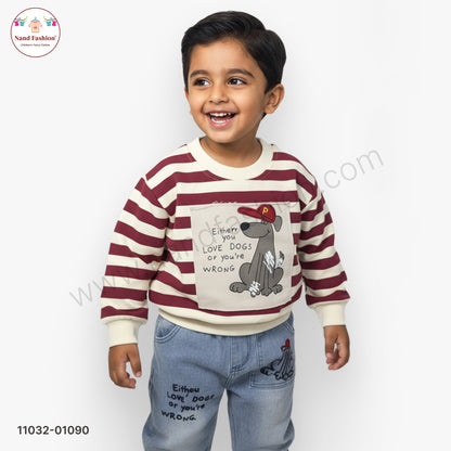 Boys Stylish Casual Wear Set – Maroon & Cream Striped Sweatshirt with Printed Denim Jeans Party Wear Set