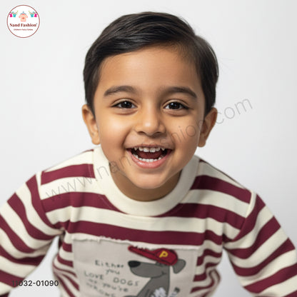 Boys Stylish Casual Wear Set – Maroon & Cream Striped Sweatshirt with Printed Denim Jeans Party Wear Set