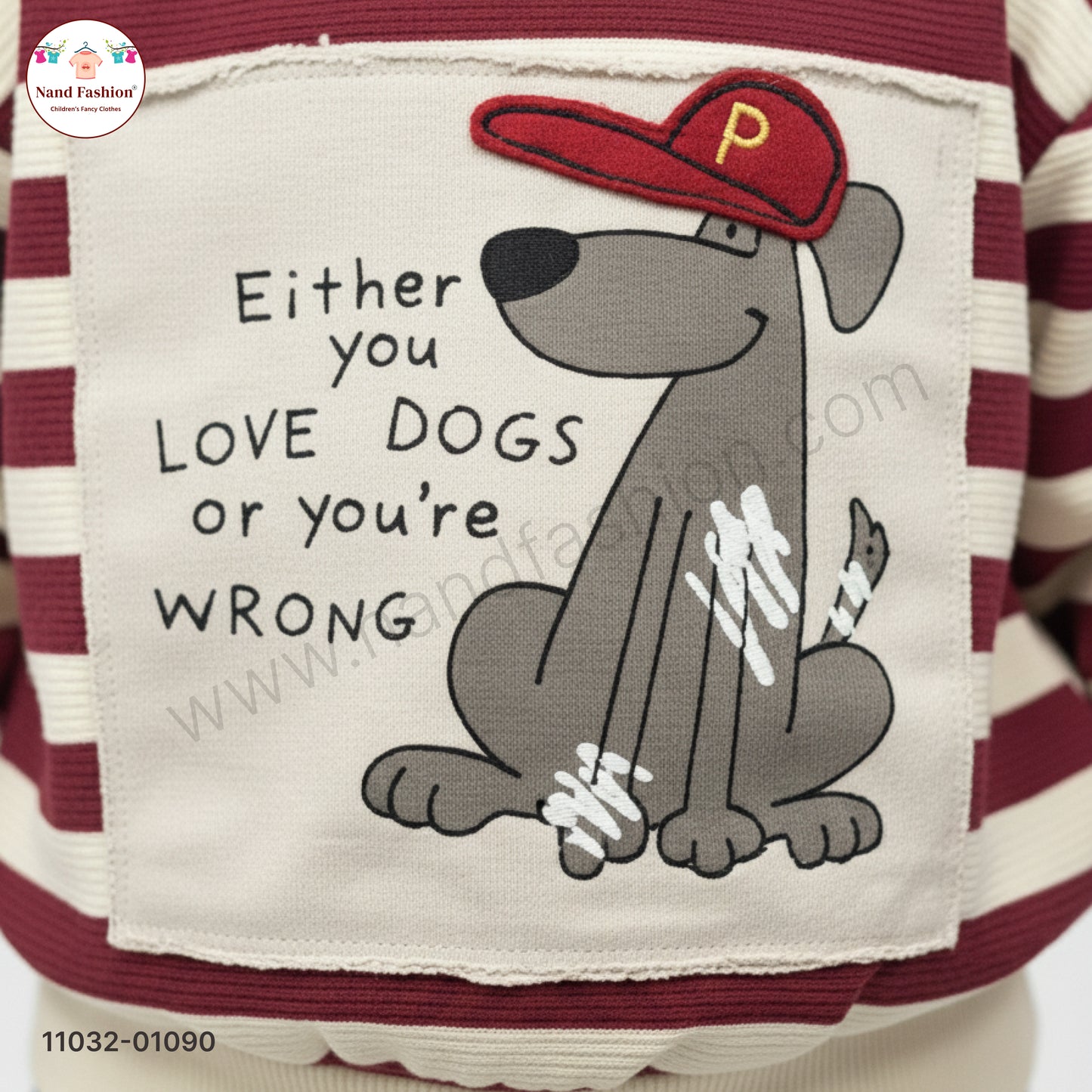 Boys Stylish Casual Wear Set – Maroon & Cream Striped Sweatshirt with Printed Denim Jeans Party Wear Set