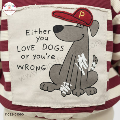 Boys Stylish Casual Wear Set – Maroon & Cream Striped Sweatshirt with Printed Denim Jeans Party Wear Set