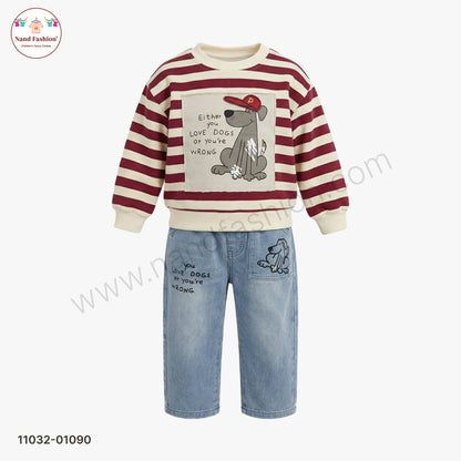 Boys Stylish Casual Wear Set – Maroon & Cream Striped Sweatshirt with Printed Denim Jeans Party Wear Set
