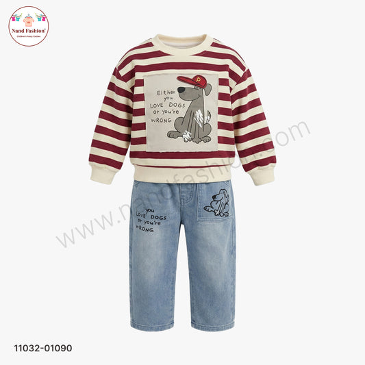 Boys Stylish Casual Wear Set – Maroon & Cream Striped Sweatshirt with Printed Denim Jeans Party Wear Set