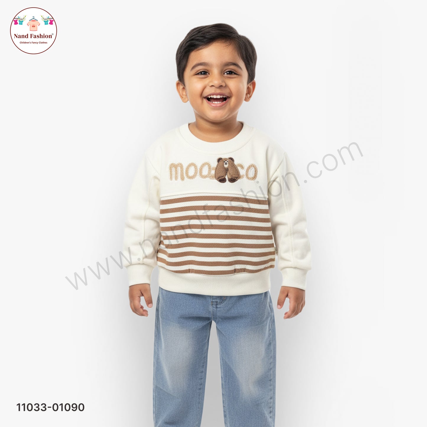 Boys Cute Winter Wear Set – Cream Sweatshirt with Teddy Print & Blue Denim Jeans Party Wear Set
