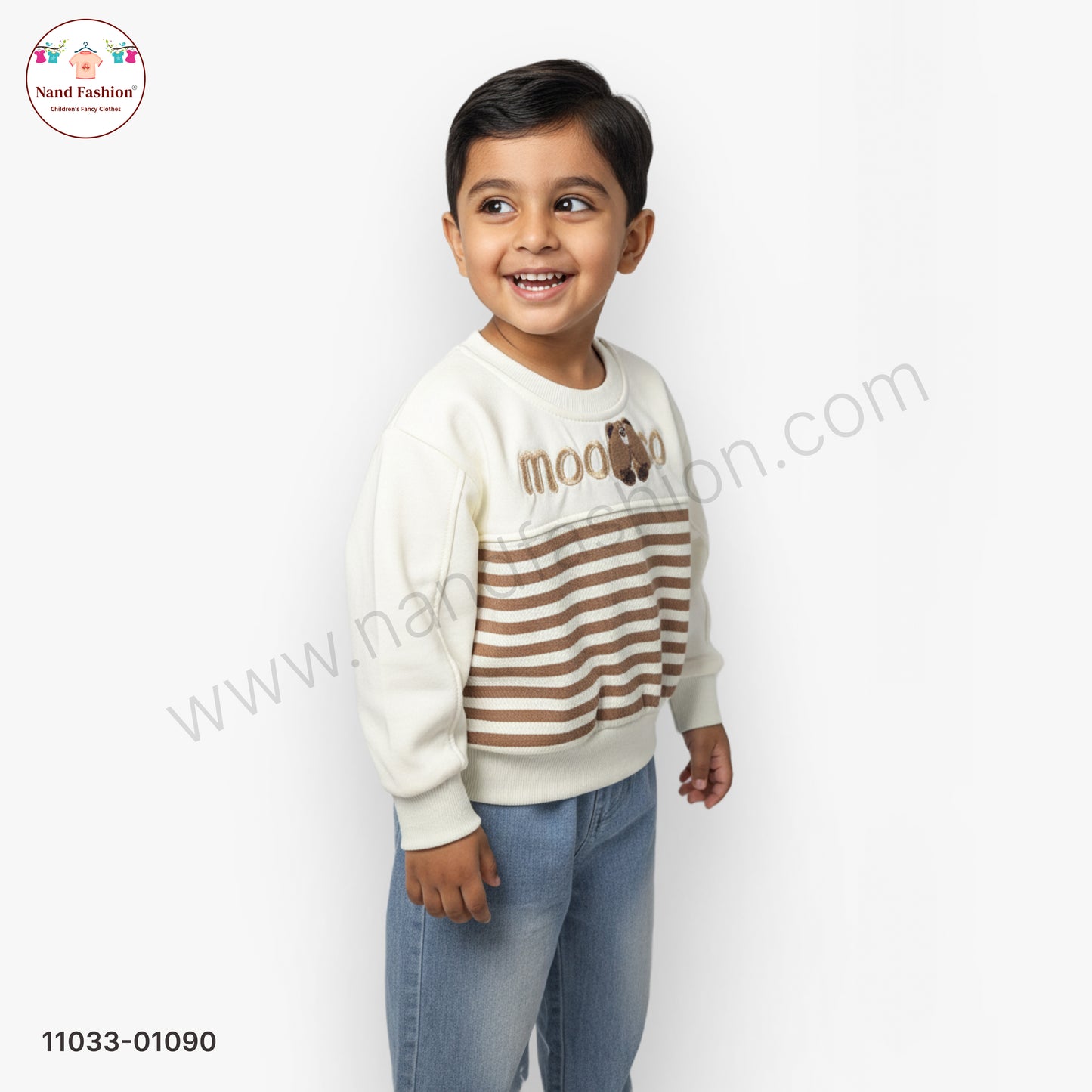 Boys Cute Winter Wear Set – Cream Sweatshirt with Teddy Print & Blue Denim Jeans Party Wear Set