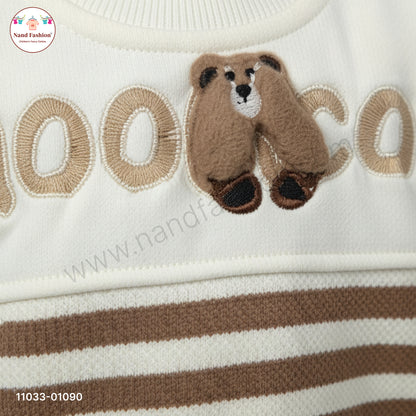 Boys Cute Winter Wear Set – Cream Sweatshirt with Teddy Print & Blue Denim Jeans Party Wear Set