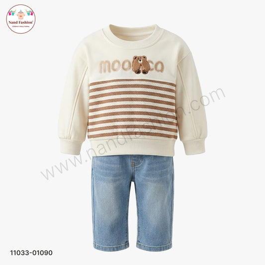 Boys Cute Winter Wear Set – Cream Sweatshirt with Teddy Print & Blue Denim Jeans Party Wear Set