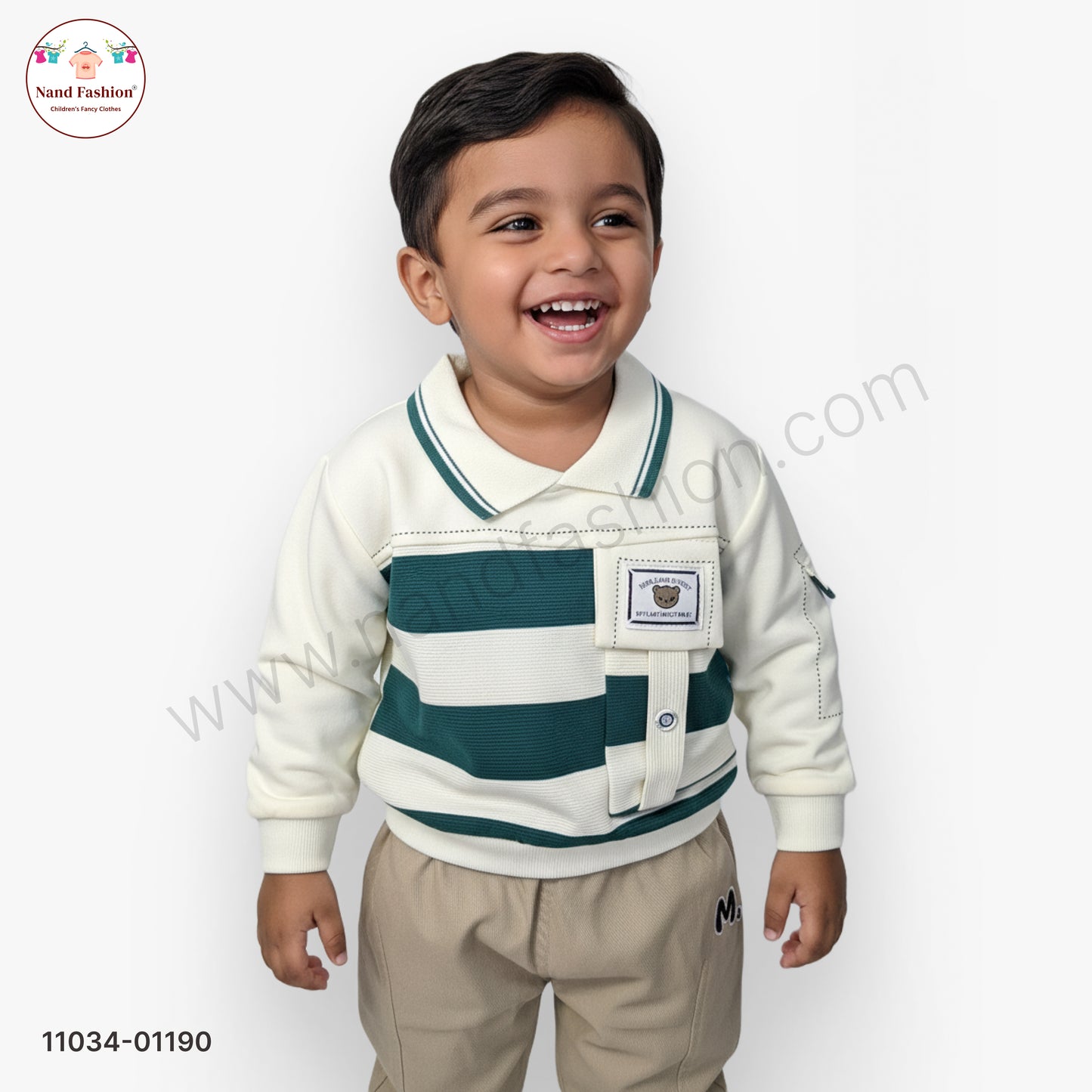 Boys Stylish Winter Pair Set – Green Stripe Collar Sweatshirt with Beige Pants Party Wear Set