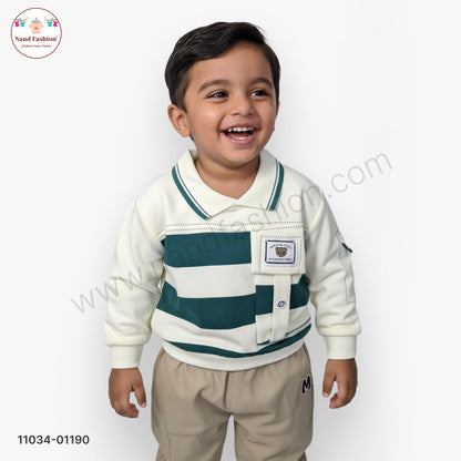 Boys Stylish Winter Pair Set – Green Stripe Collar Sweatshirt with Beige Pants Party Wear Set