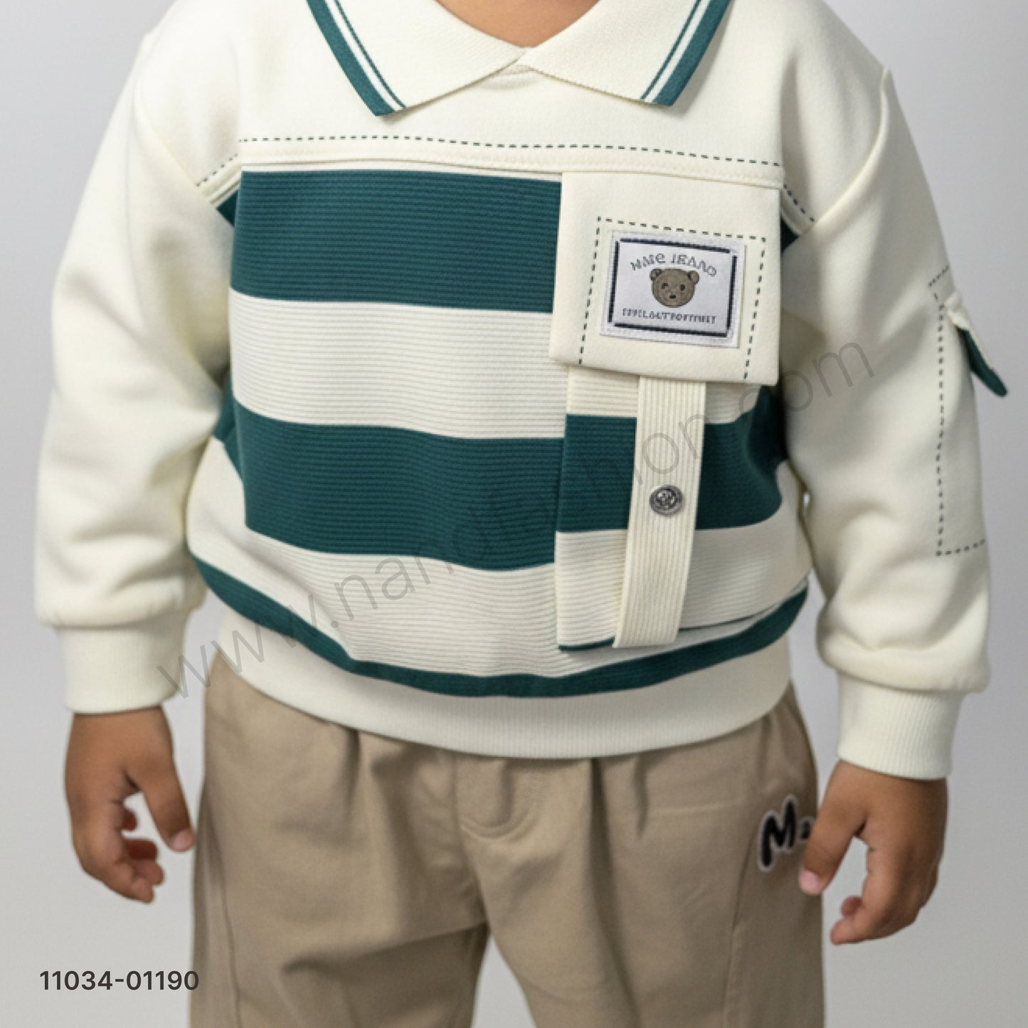 Boys Stylish Winter Pair Set – Green Stripe Collar Sweatshirt with Beige Pants Party Wear Set
