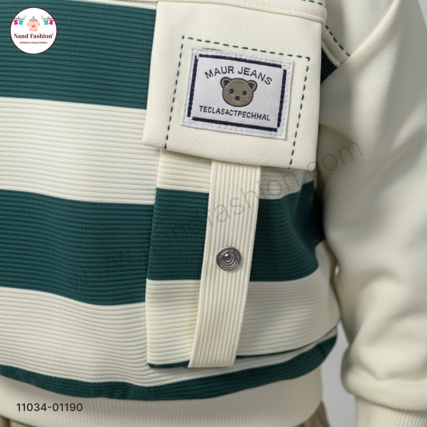 Boys Stylish Winter Pair Set – Green Stripe Collar Sweatshirt with Beige Pants Party Wear Set