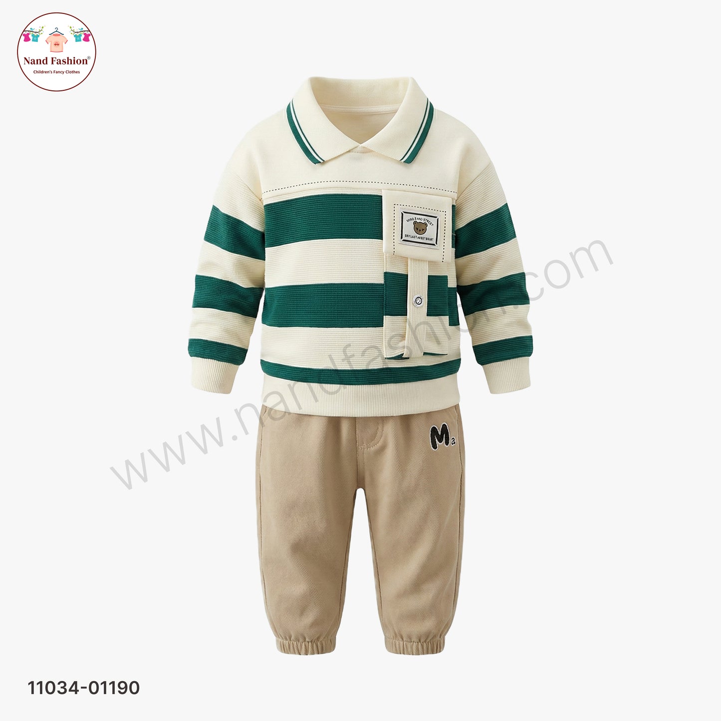 Boys Stylish Winter Pair Set – Green Stripe Collar Sweatshirt with Beige Pants Party Wear Set