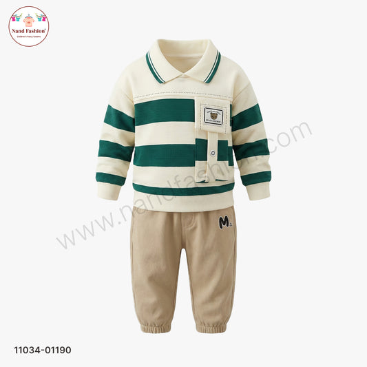 Boys Stylish Winter Pair Set – Green Stripe Collar Sweatshirt with Beige Pants Party Wear Set