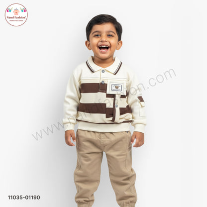 Boys Premium Winter Pair Set – Brown Stripe Collar Sweatshirt with Beige Pants Party Wear Set