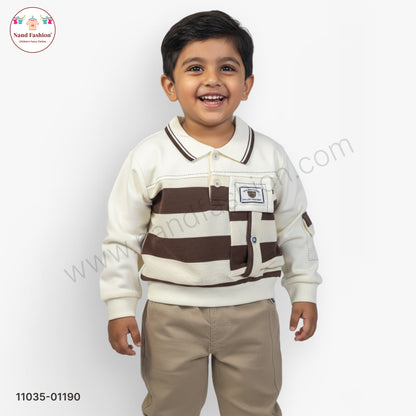 Boys Premium Winter Pair Set – Brown Stripe Collar Sweatshirt with Beige Pants Party Wear Set