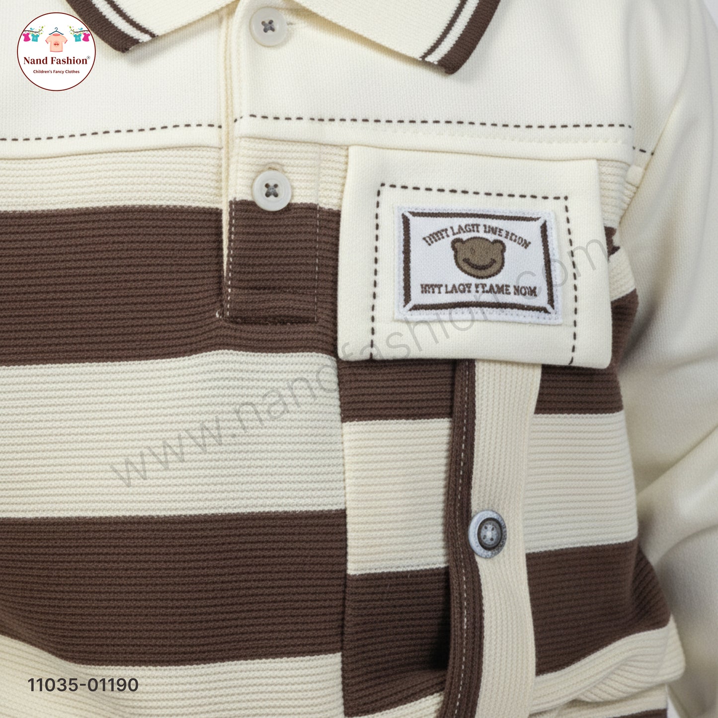 Boys Premium Winter Pair Set – Brown Stripe Collar Sweatshirt with Beige Pants Party Wear Set