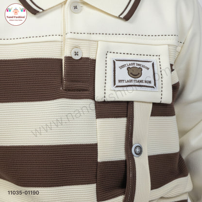 Boys Premium Winter Pair Set – Brown Stripe Collar Sweatshirt with Beige Pants Party Wear Set