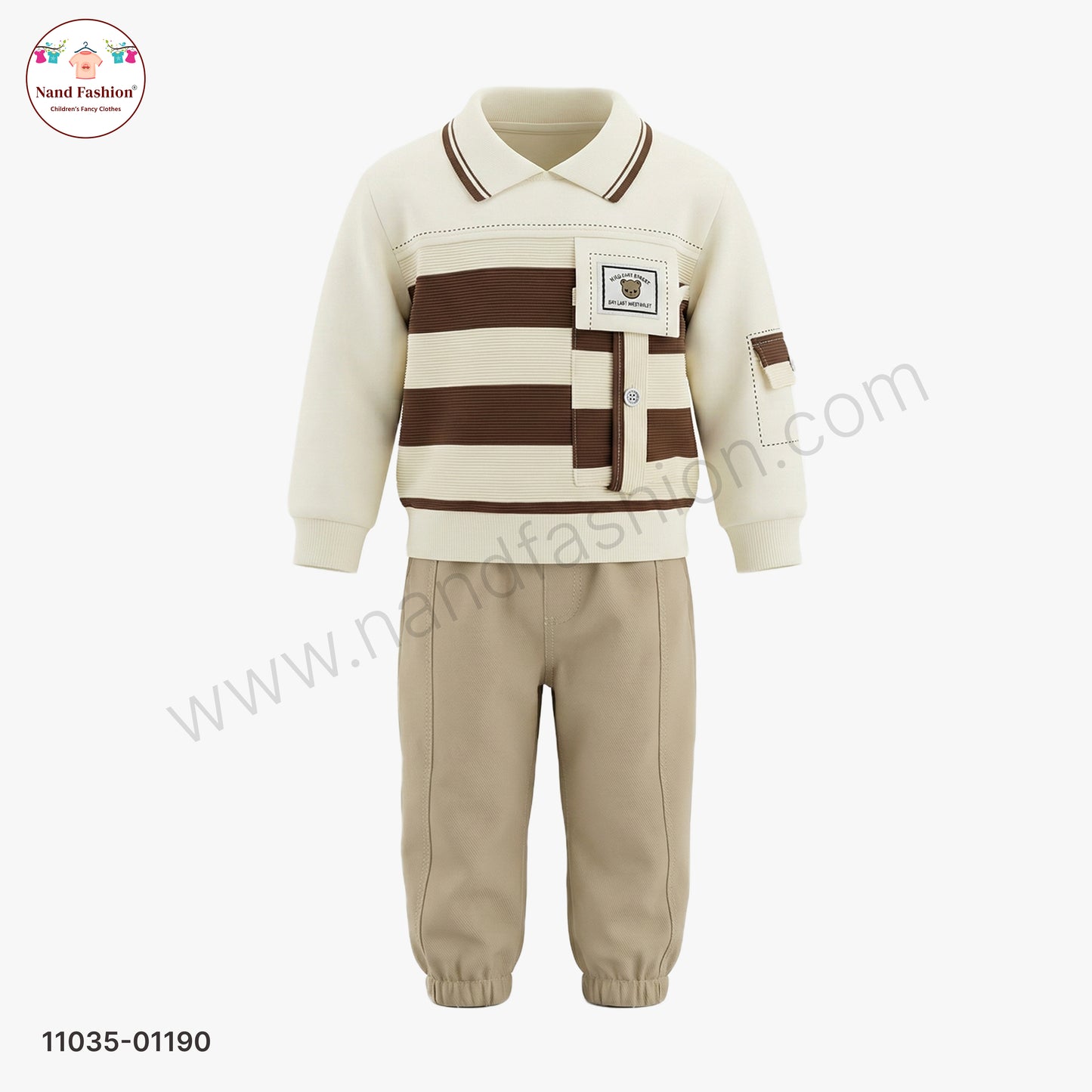 Boys Premium Winter Pair Set – Brown Stripe Collar Sweatshirt with Beige Pants Party Wear Set
