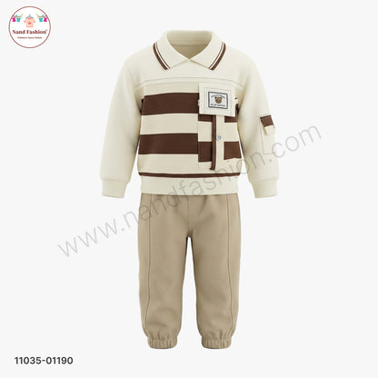 Boys Premium Winter Pair Set – Brown Stripe Collar Sweatshirt with Beige Pants Party Wear Set