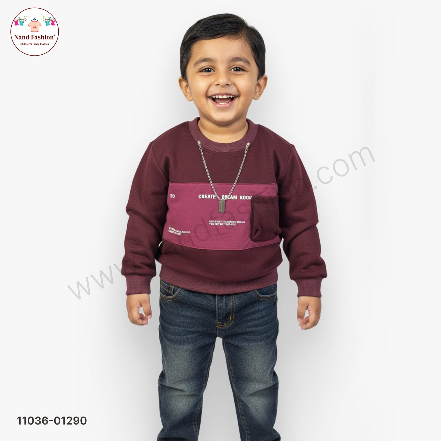 Boys Premium Winter Pair Set – Brown Stripe Collar Sweatshirt with Beige Pants Party Wear Set