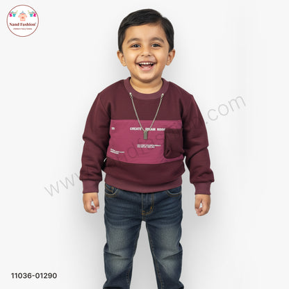 Boys Premium Winter Pair Set – Brown Stripe Collar Sweatshirt with Beige Pants Party Wear Set