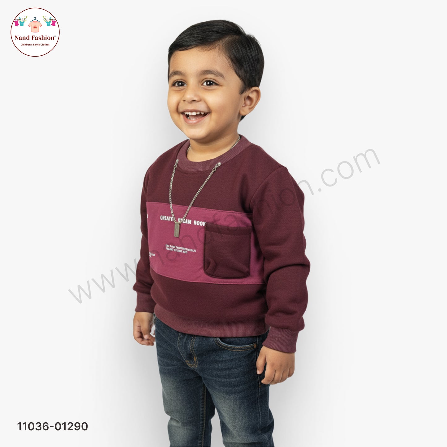 Boys Premium Winter Pair Set – Brown Stripe Collar Sweatshirt with Beige Pants Party Wear Set