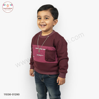 Boys Premium Winter Pair Set – Brown Stripe Collar Sweatshirt with Beige Pants Party Wear Set