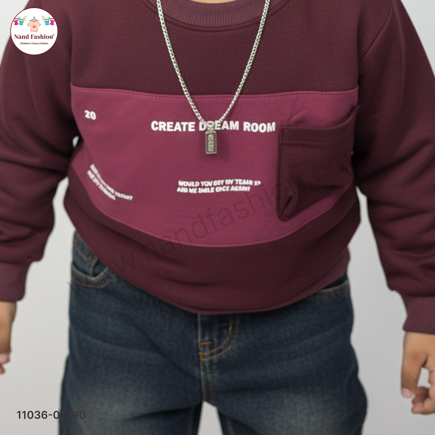 Boys Premium Winter Pair Set – Brown Stripe Collar Sweatshirt with Beige Pants Party Wear Set