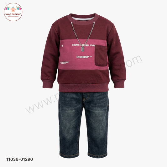 Boys Premium Winter Pair Set – Brown Stripe Collar Sweatshirt with Beige Pants Party Wear Set